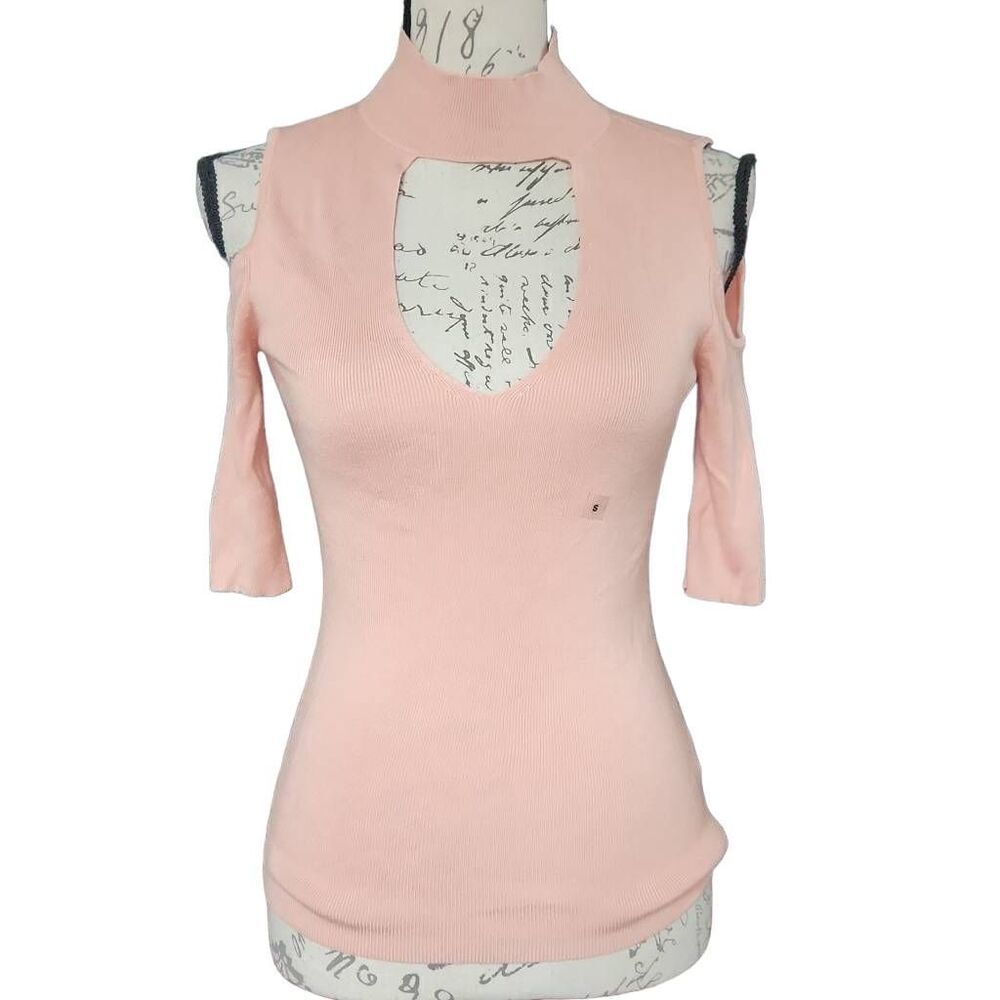 Express Women's Size Small Pink Chest Cutout Cold Shoulder Knit Elbow Length Top